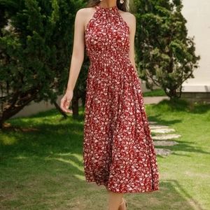 Burgundy Halter Dress with White Floral Pattern